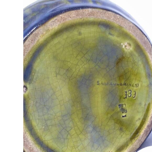 French Antique Majolica Pitcher Sarreguemines Green Turquoise Relief Scene Jug - Picture 10 of 10